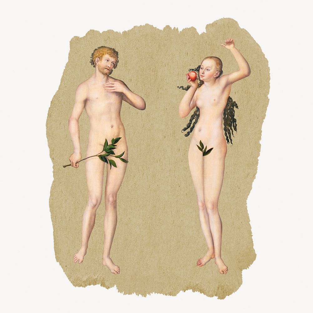 Adam and Eve illustration, vintage artwork, ripped paper badge