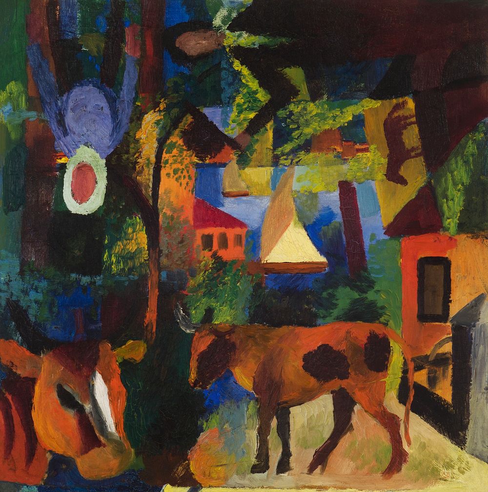 August Macke's Landscape with Cows, Sailboat, and Painted-in Figures (1914) famous painting. Original from the Saint Louis…