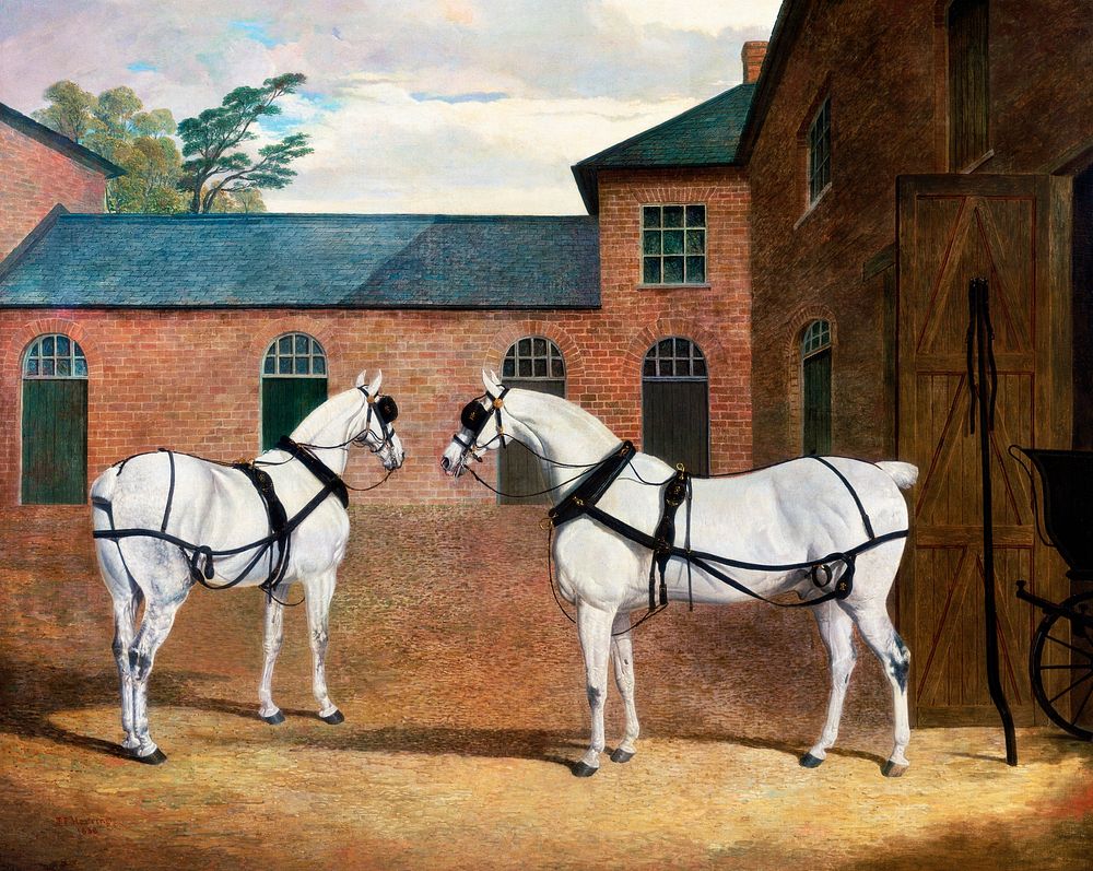 Grey carriage horses in the coachyard at Putteridge Bury, Hertfordshire (1838) painting in high resolution by John Frederick…