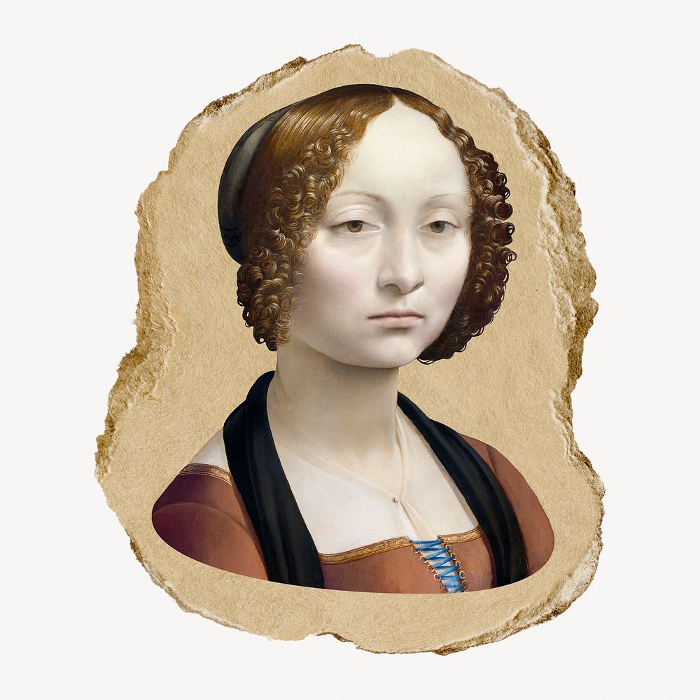 Woman illustration, da Vinci-inspired vintage artwork, ripped paper badge, remixed by rawpixel