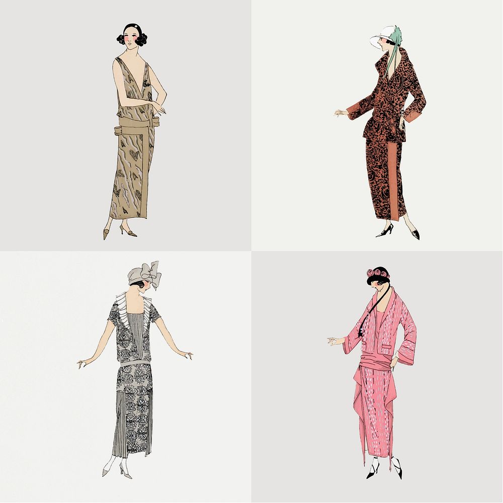 Flapper woman vector set, remixed from vintage illustration published in Tr&egrave;s Parisien