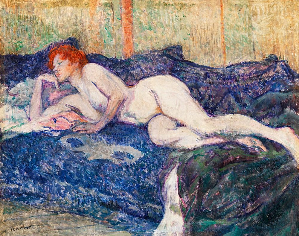 Naked woman showing her breasts, vintage erotic art. Nude Lying on a Couch (1897) by Henri de Toulouse&ndash;Lautrec.…