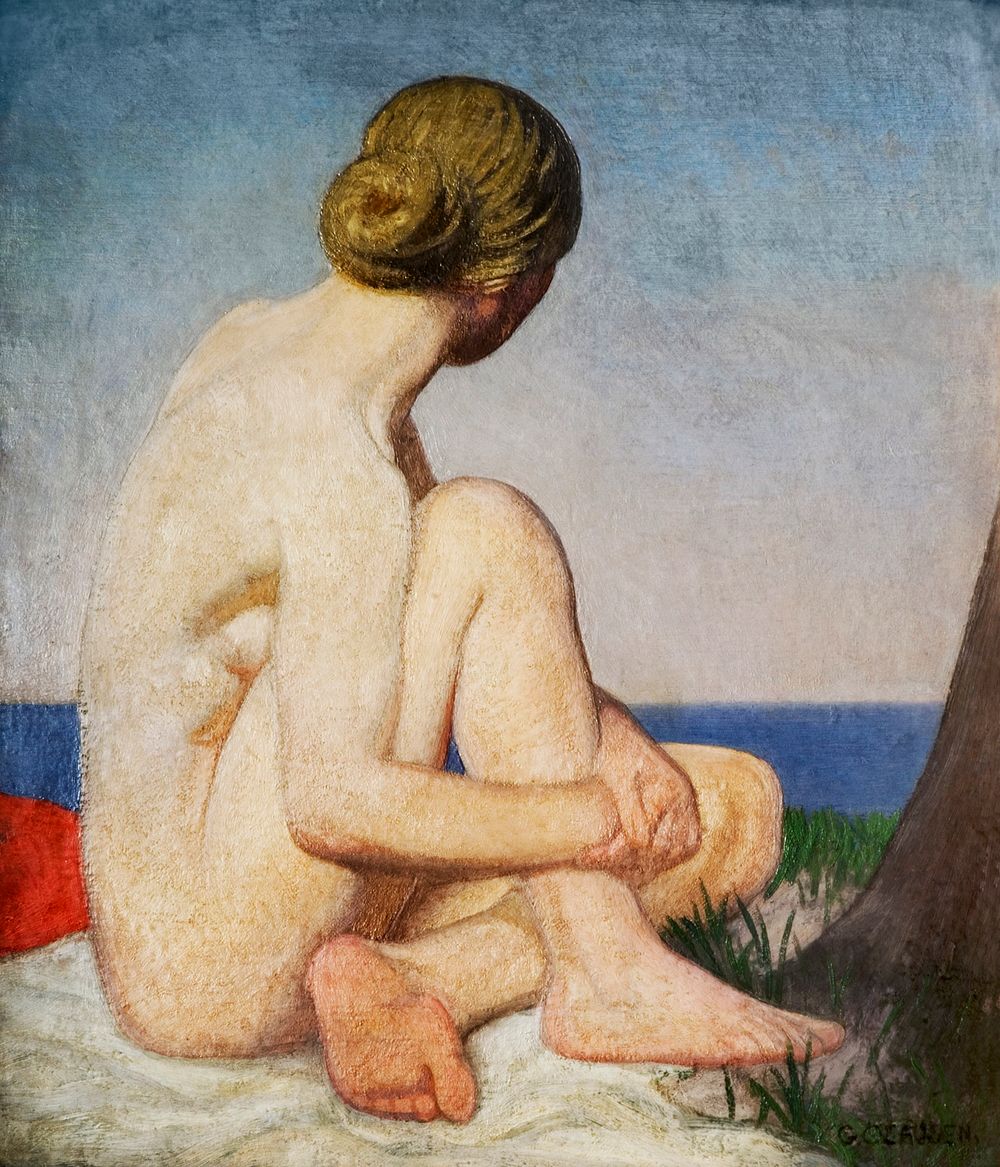 Naked woman posing sensually, vintage erotic art. The Watcher (1927-1928) by Sir George Clausen. Original from Birmingham…