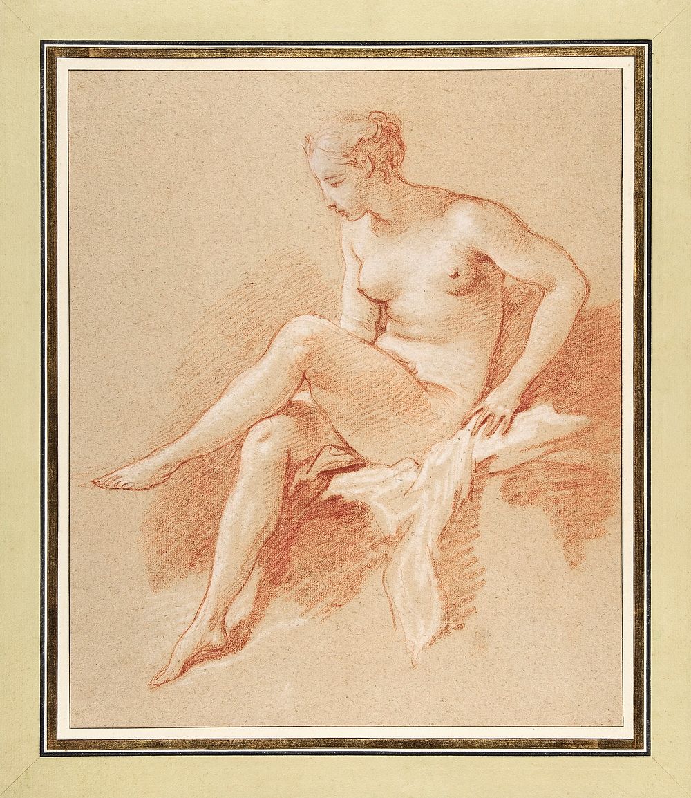 Naked woman showing her breasts, vintage nude illustration. Seated female nude (1742) by Fran&ccedil;ois Boucher. Original…