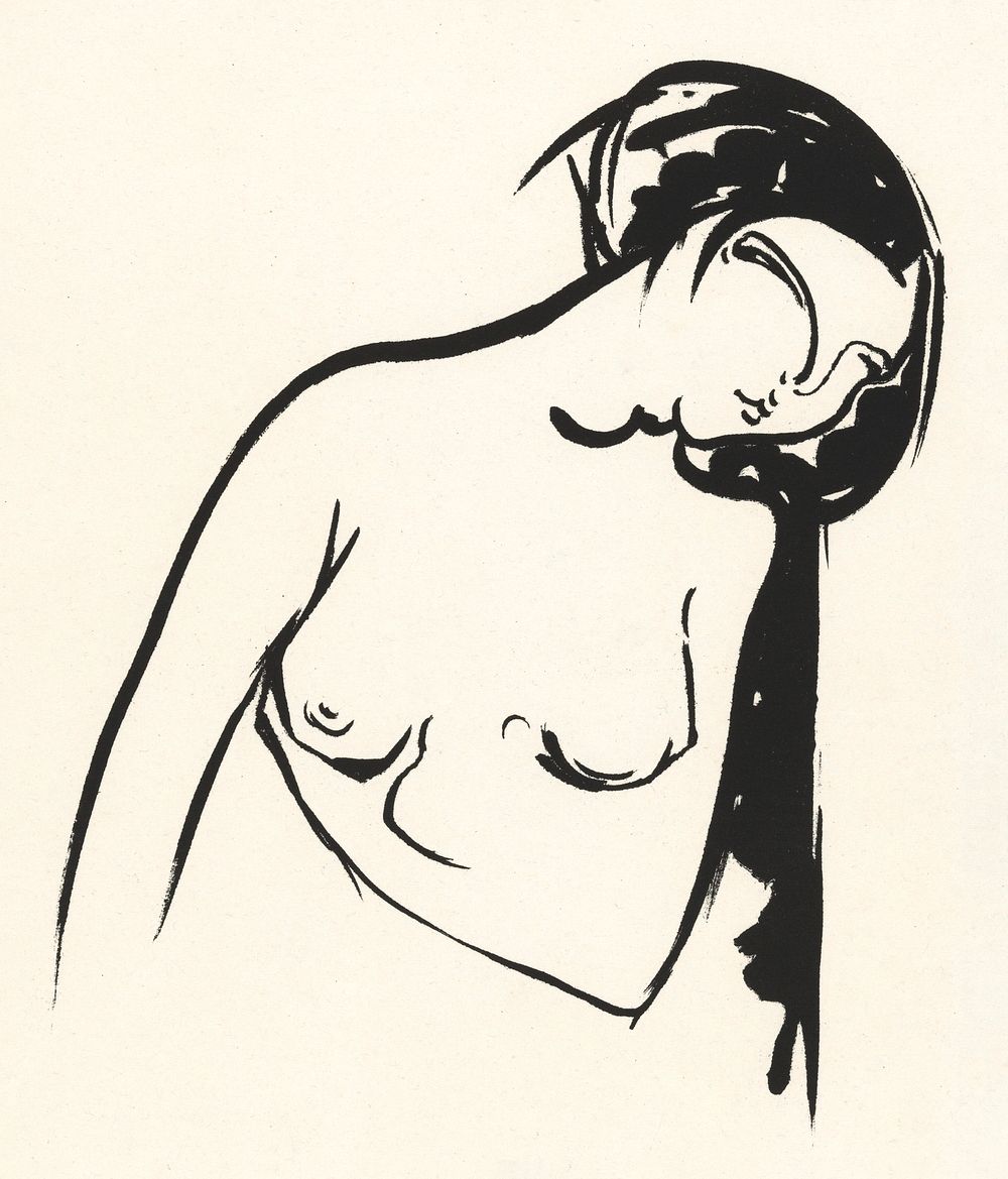 Naked woman showing her breasts, vintage nude illustration. Naakte vrouw die haar borst aanraakt (1888&ndash;1944) by Henri…