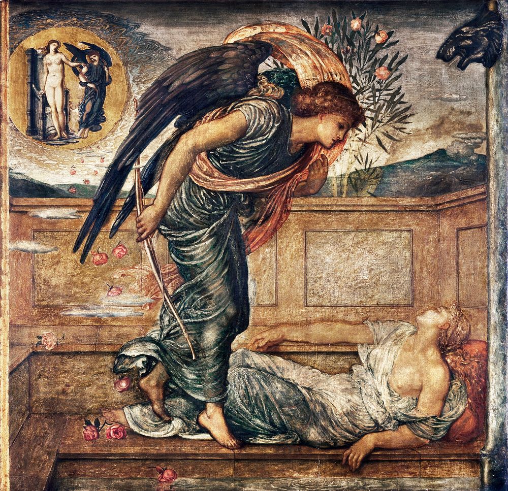 Cupid and Psyche: Cupid Finding Psyche Asleep by a Fountain (1881) by Edward Burne&ndash;Jones. Original from The Birmingham…