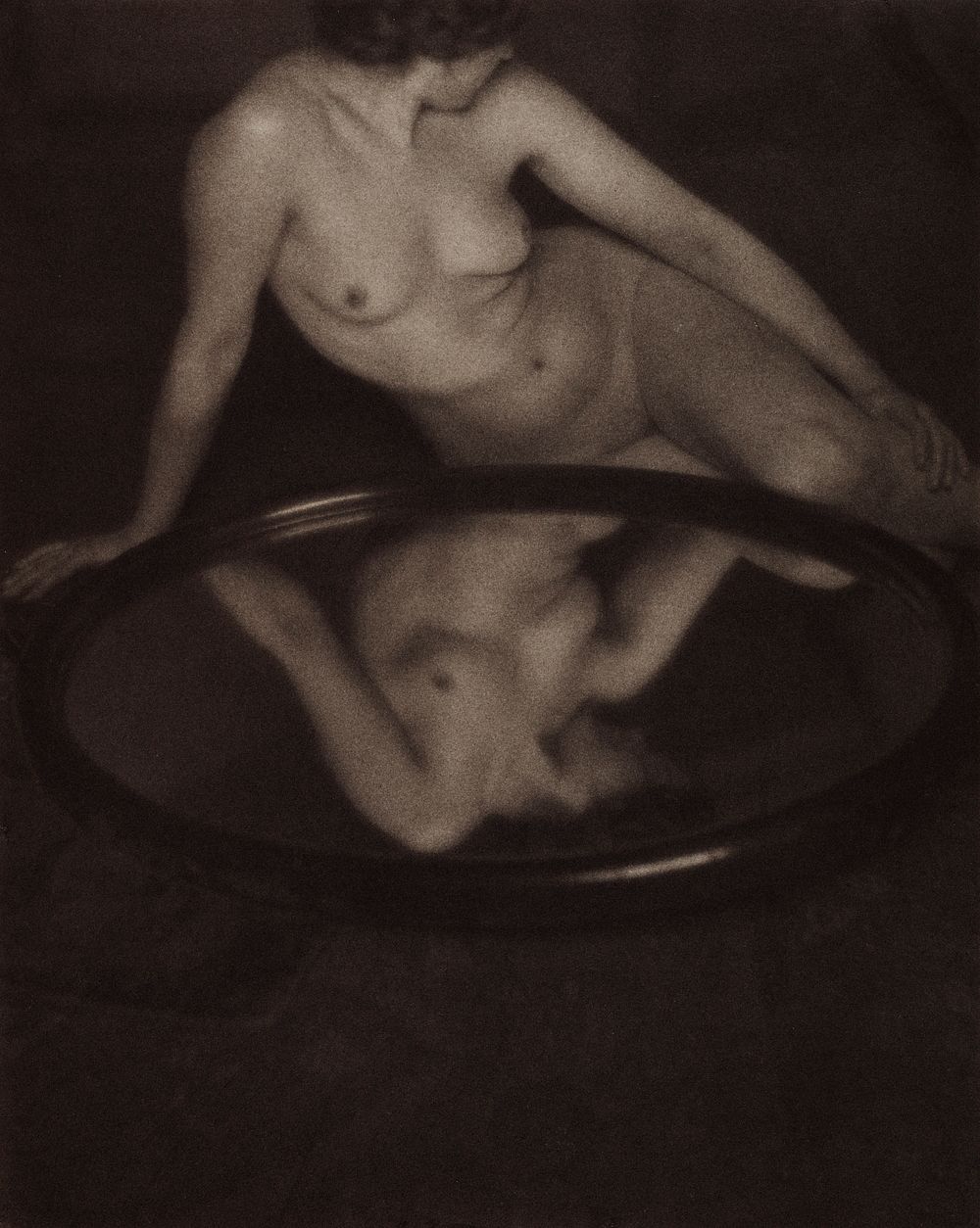 Nude photography of naked woman, Nude With Mirror (1909) by Clarence H. White. Original from The Getty. Digitally enhanced…