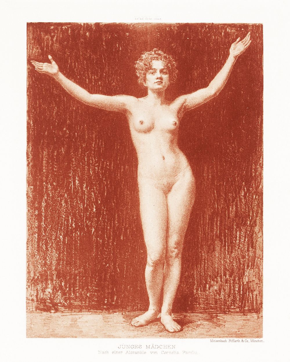 Reproductie van een ontwerp van een vrouwelijk naakt met geheven handen door Cornelia Paczka (1894) by anonymous. Original…