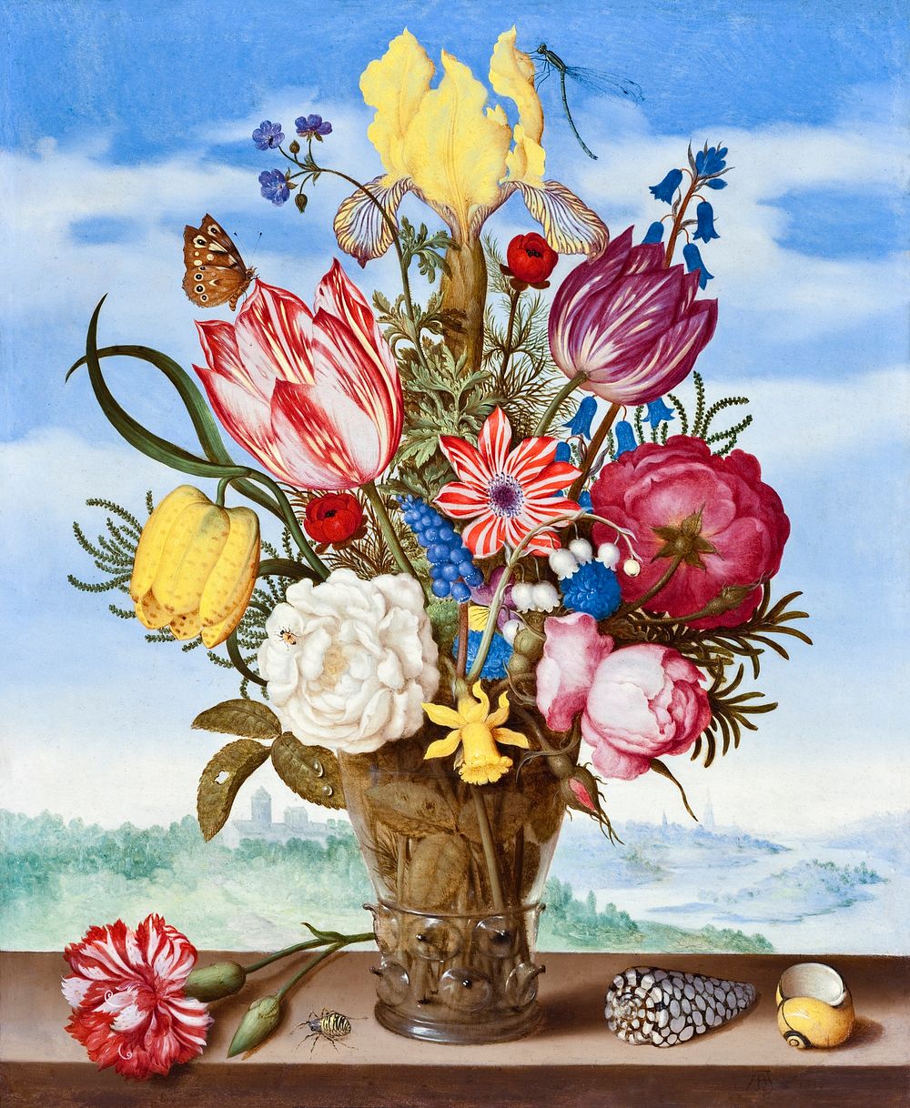 Bouquet of Flowers on a Ledge (1619) in high resolution by Ambrosius Bosschaert. Original from the Los Angeles County Museum…
