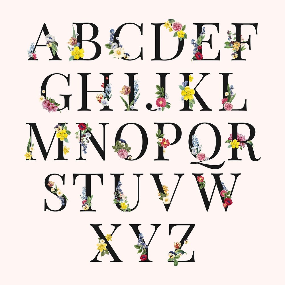 Floral capital alphabet set vector