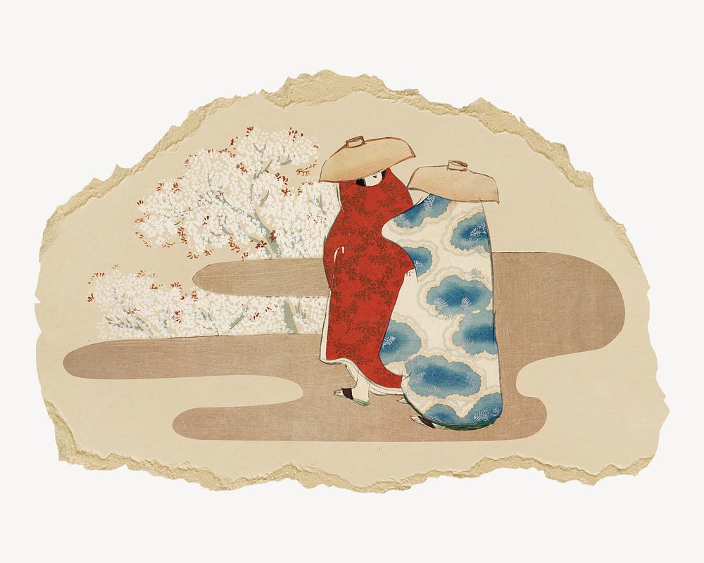 Japanese costume illustration, vintage artwork, ripped paper badge