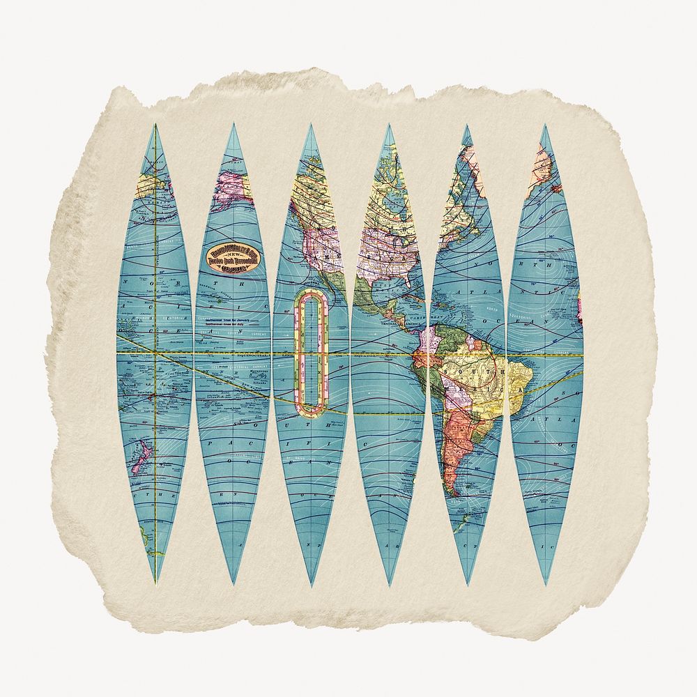Split globe illustration, vintage drawing artwork, ripped paper badge