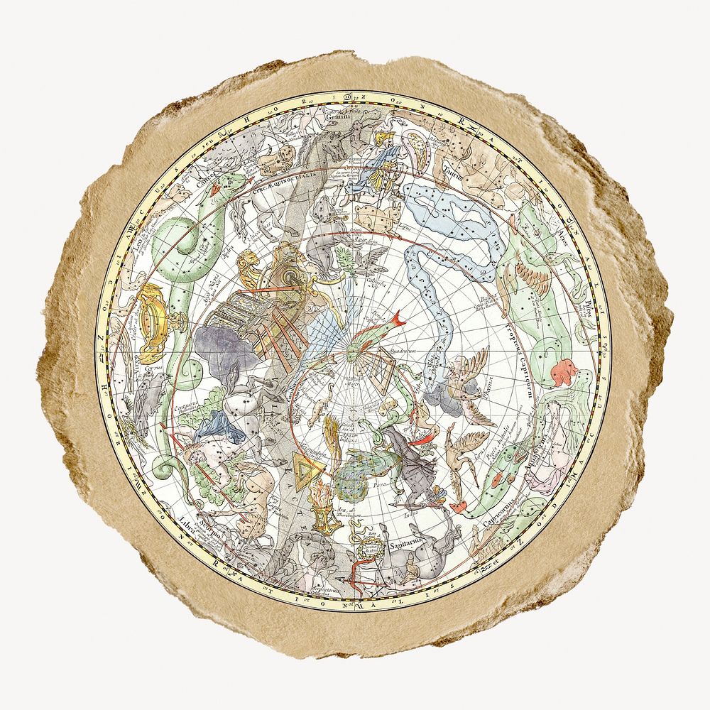 Celestial sphere illustration, vintage drawing artwork, ripped paper badge