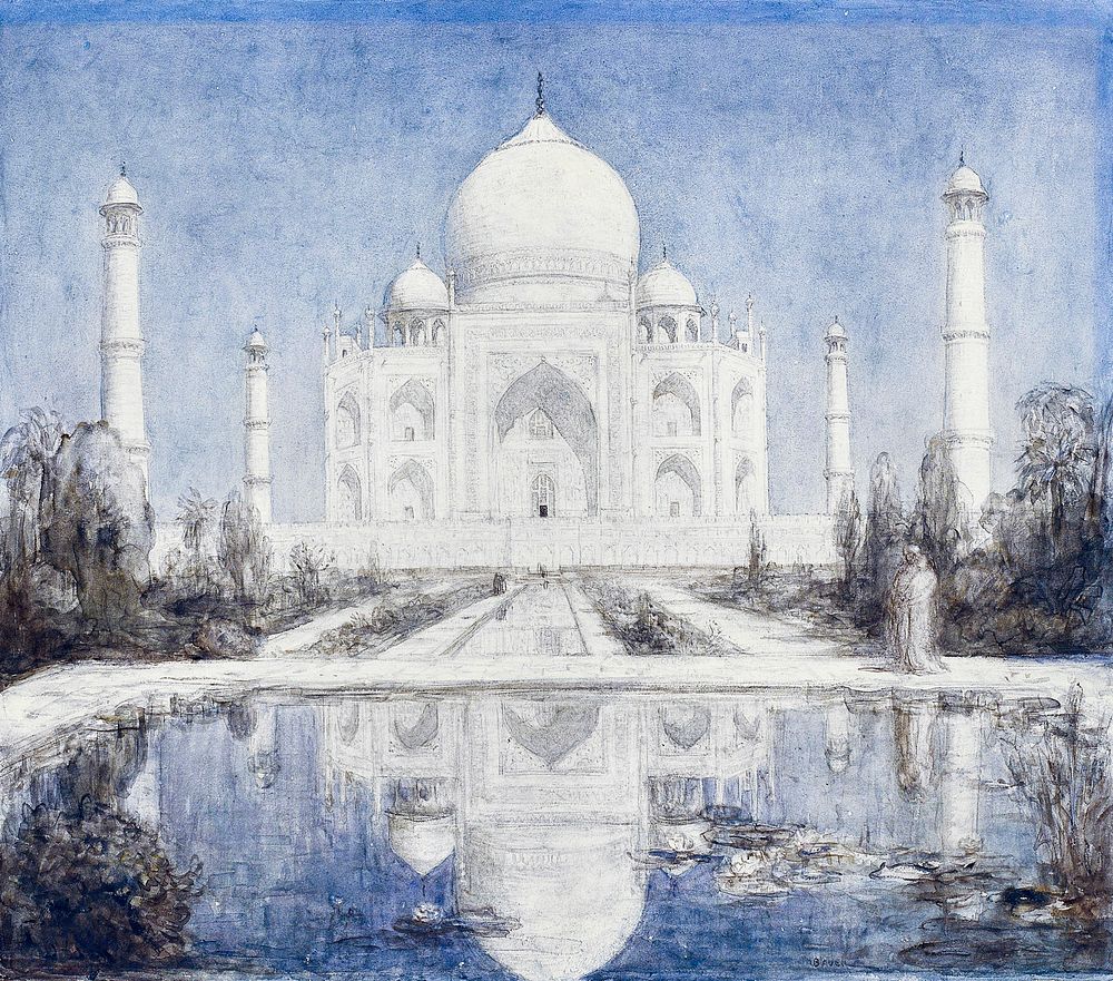 Taj Mahal bij maanlicht (1877&ndash;1932) drawing in high resolution by Marius Bauer. Original from The Rijksmuseum.…