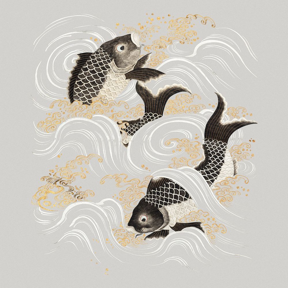 Japanese fish collage element, vintage illustration psd