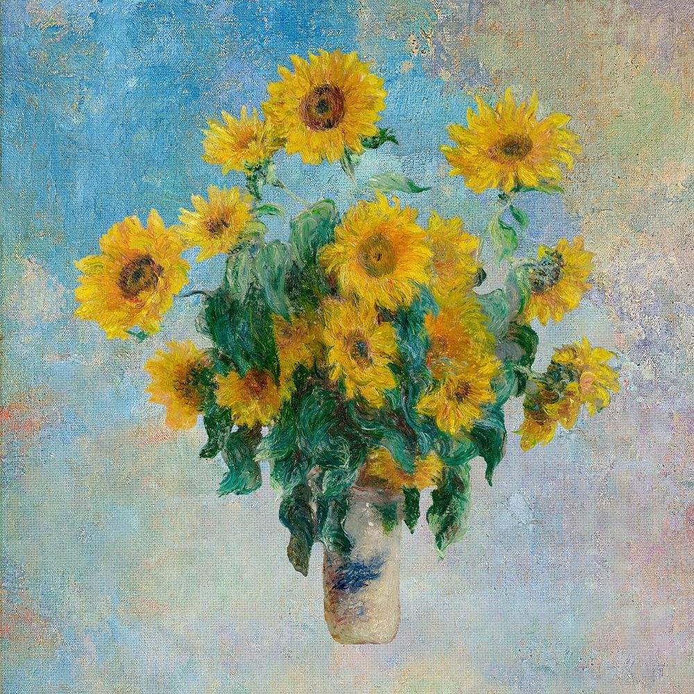 Sunflowers in a vase remixed from the artworks of Claude Monet.
