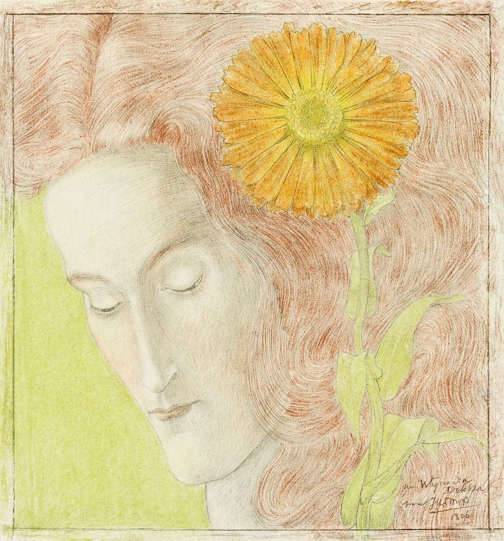 Woman's Head with Red Hair and Chrysanthemum (1896) by Jan Toorop. Original from The Rijksmuseum. Digitally enhanced by…