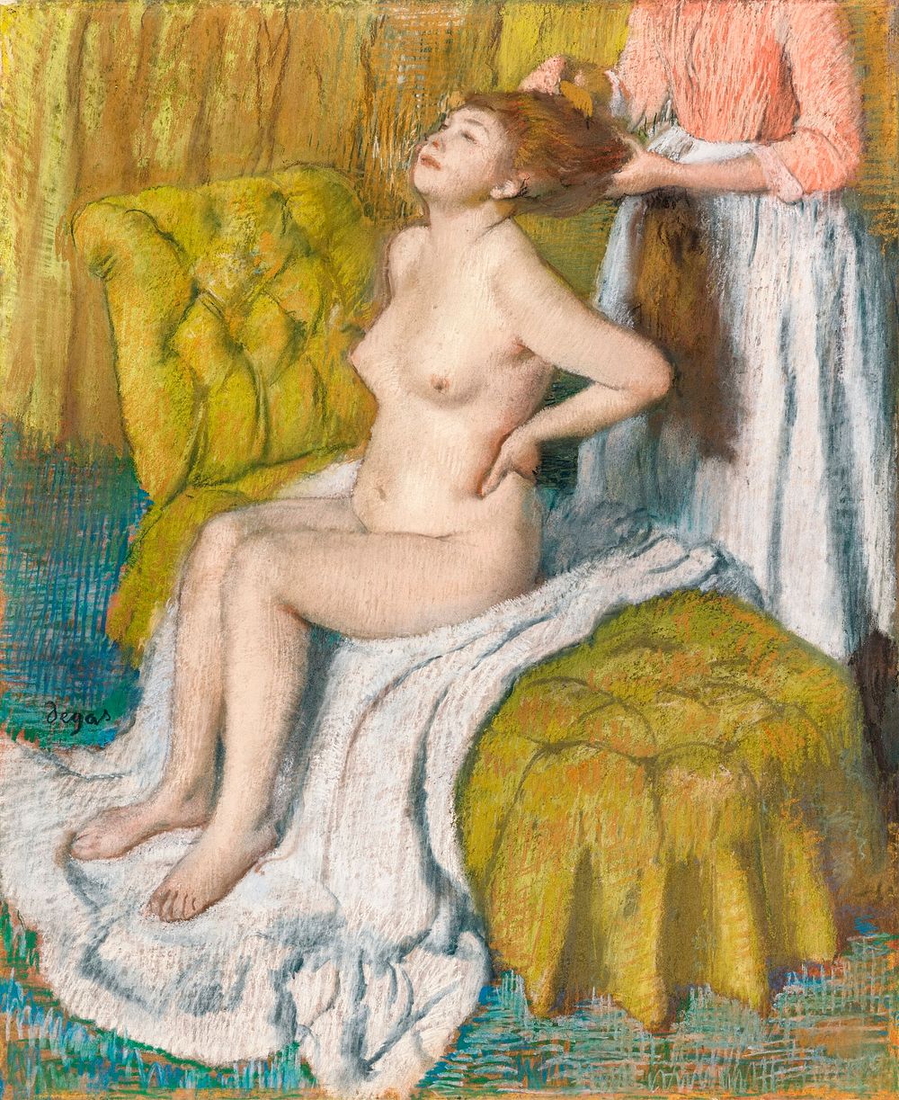 Nude lady with breast showing. Woman Having Her Hair Combed (ca. 1886&ndash;1888) painting in high resolution by Edgar…