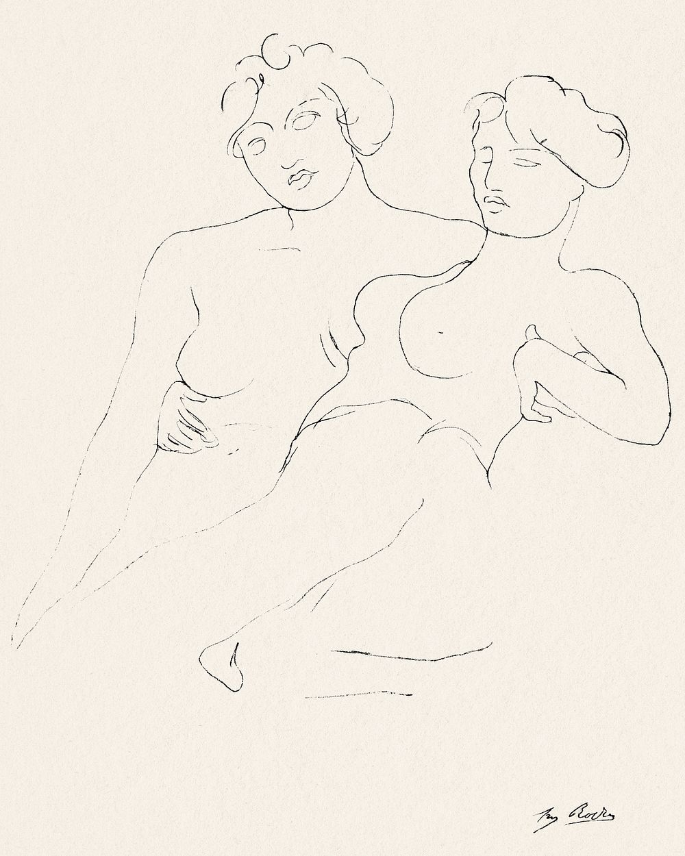 Naked women holding each other close, vintage nude illustration. Two Figures by Auguste Rodin. Original from The Cleveland…