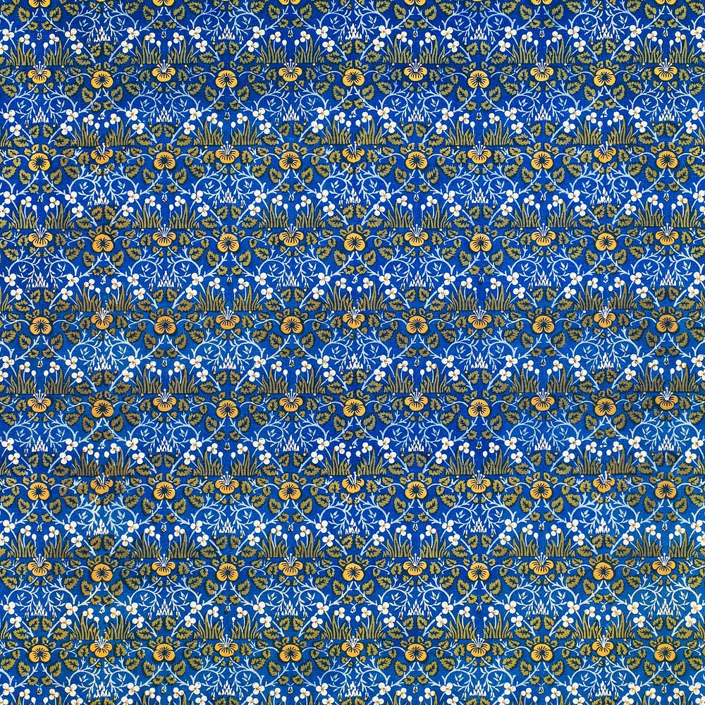 William Morris's vintage pattern illustration, yellow flower on a blue background, remix from the original artwork