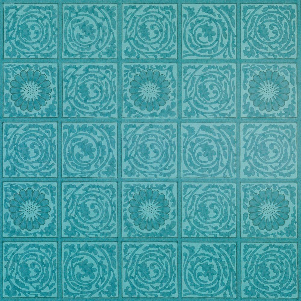 William Morris's vintage squared teal flower pattern illustration, remix from the original artwork
