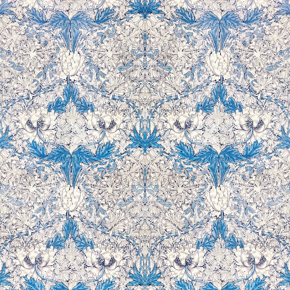 William Morris's vintage white poppy flower with blue leaves pattern illustration, famous pattern wallpaper design, remix…