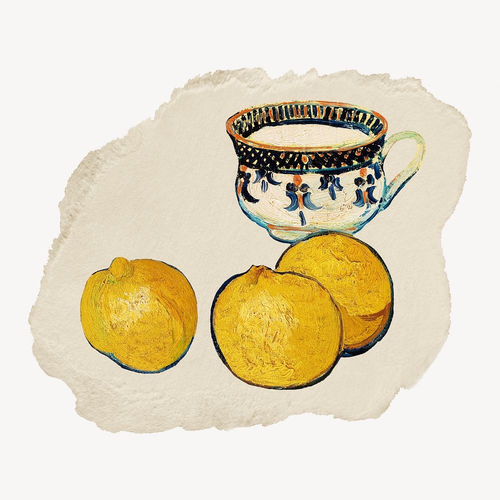 Tea cup and fruit illustration, van Gogh-inspired vintage artwork, ripped paper badge, remixed by rawpixel