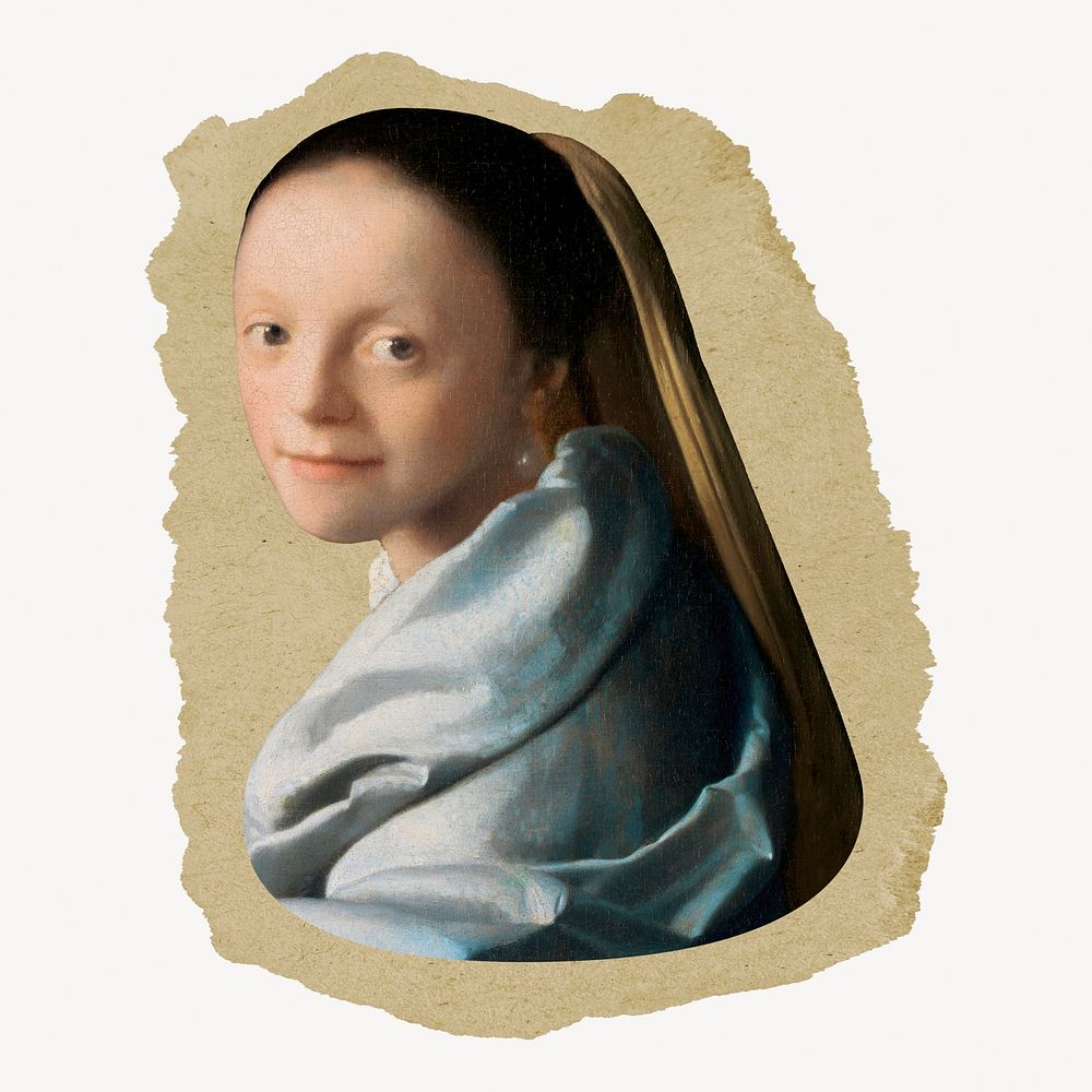 Vermeer, young woman illustration, vintage artwork, ripped paper badge