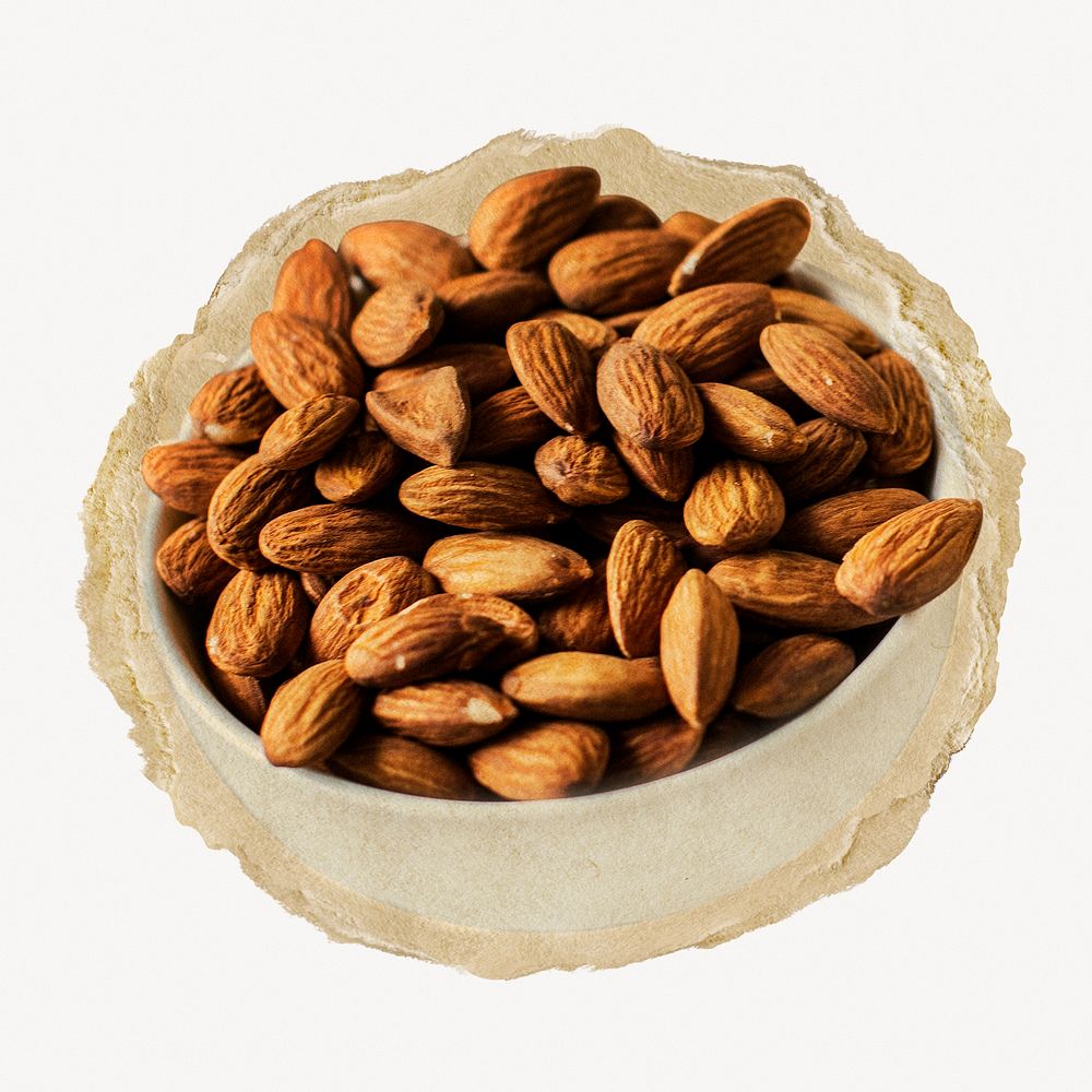 Almond bowl, food on ripped paper