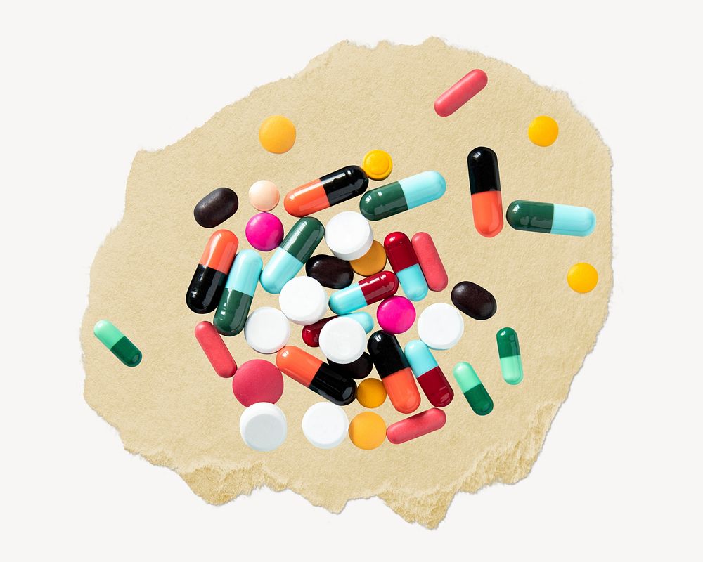 Colorful pill capsules ripped paper, medicine graphic