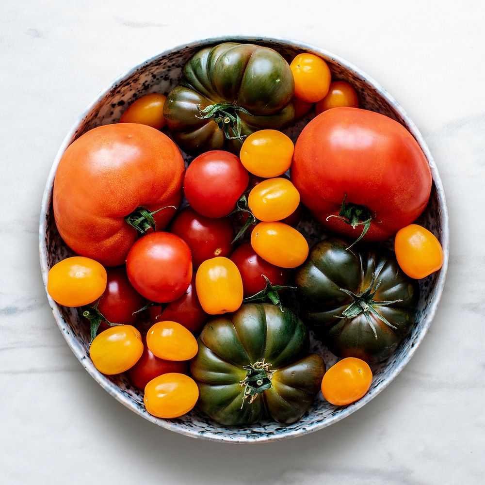 Various fresh tomatoes aerial view