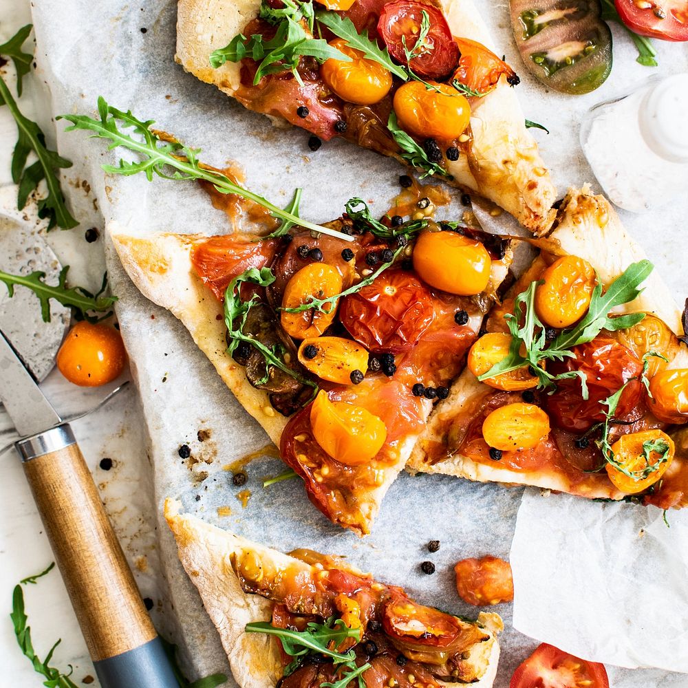 Homemade mixed tomatoes flatbread menu