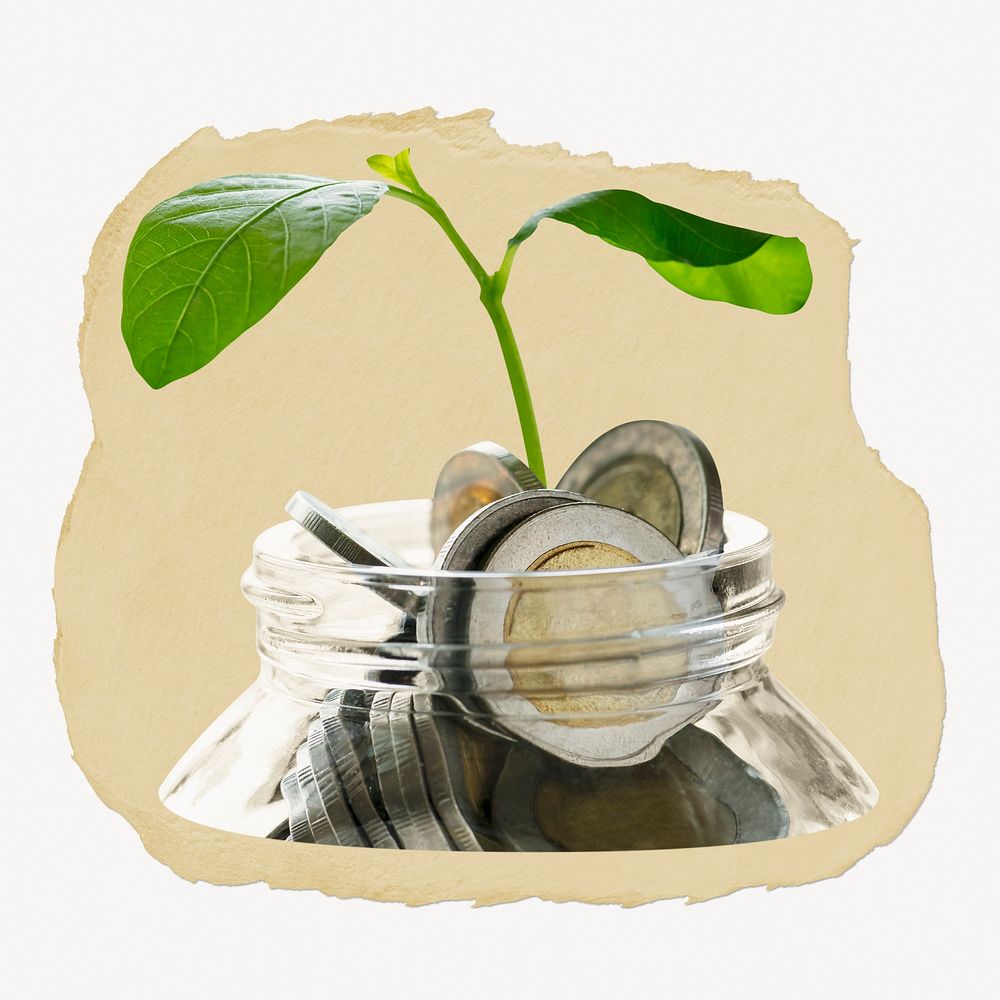 Growing spout on coins ripped paper, finance, savings graphic