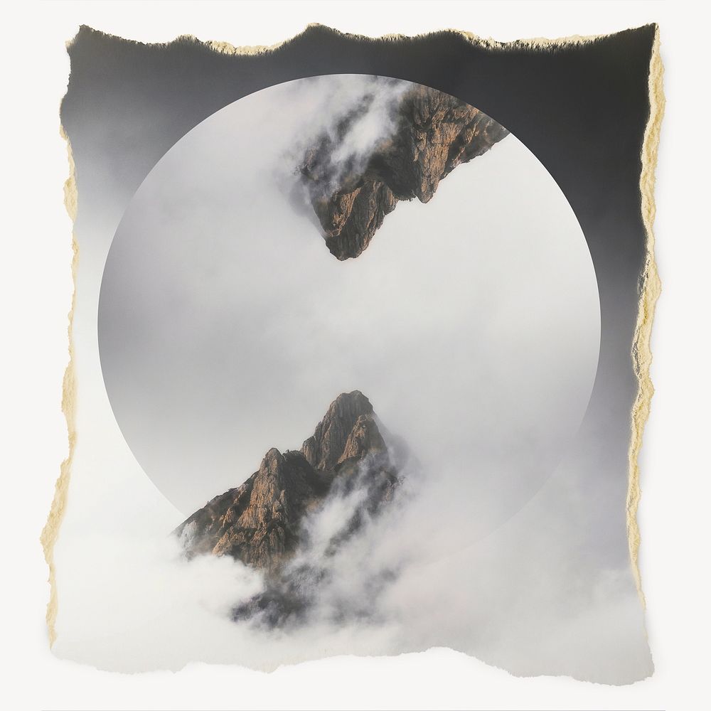 Foggy mountain peaks, ripped paper, nature image