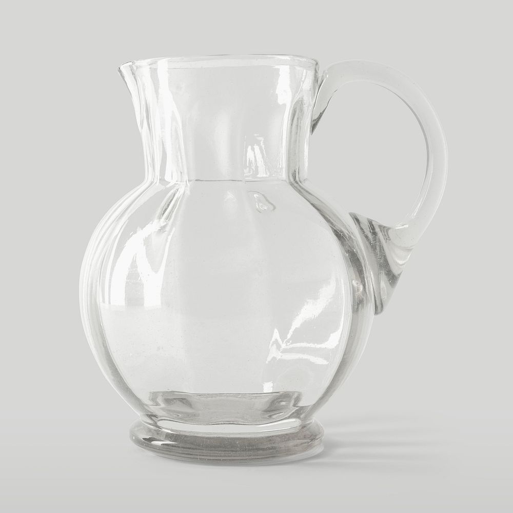 Empty transparent glass jug on gray background mockup