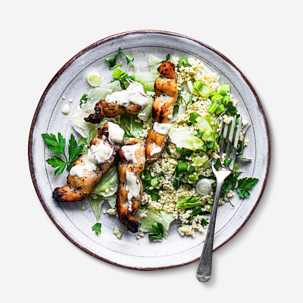 Grilled chicken skewers and green salad menu recipe idea