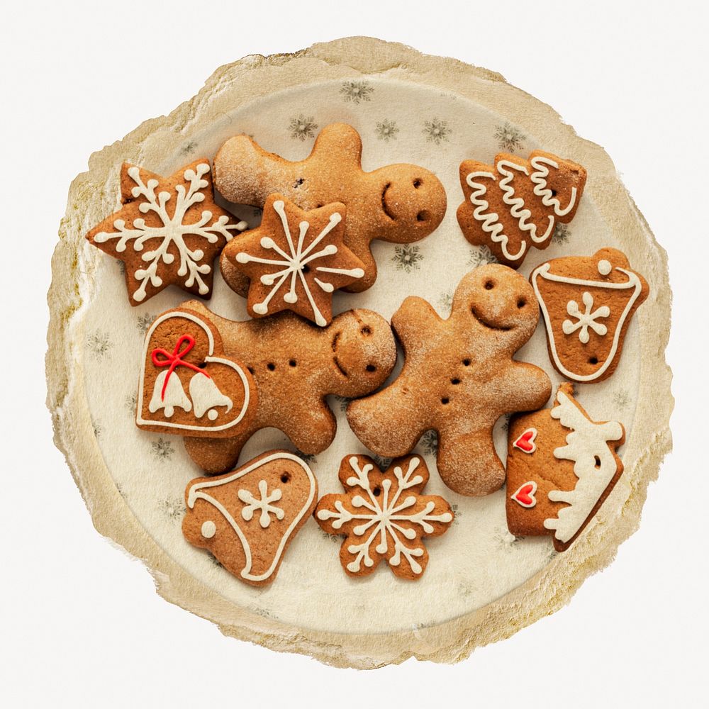Christmas cookies, dessert on ripped paper