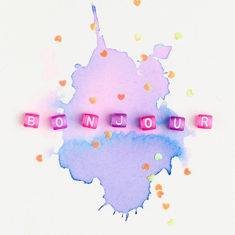 BONJOUR beads word typography on purple watercolor