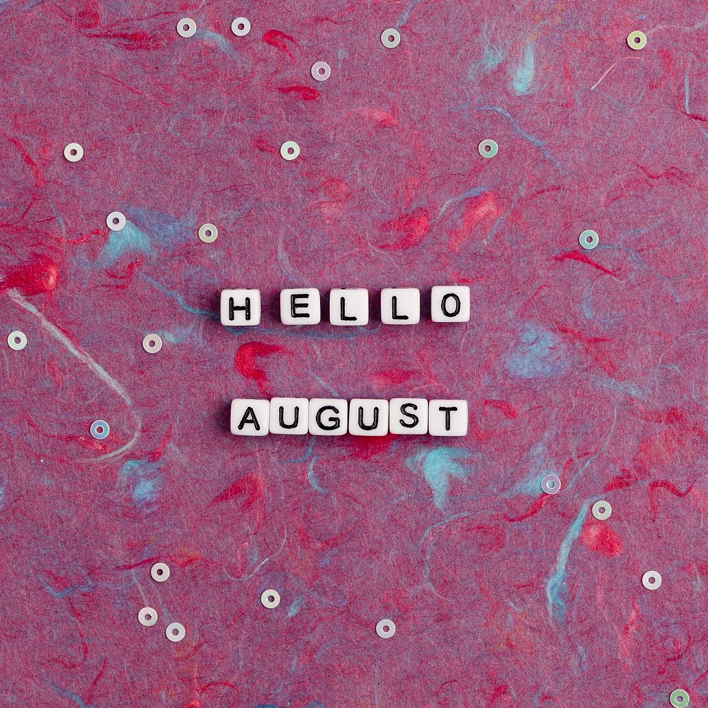 HELLO AUGUST beads text typography on purple