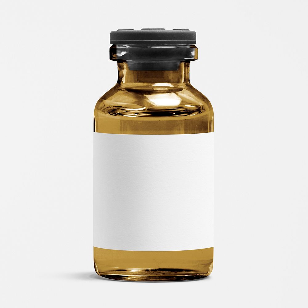 Blank white label on amber injection vial glass bottle
