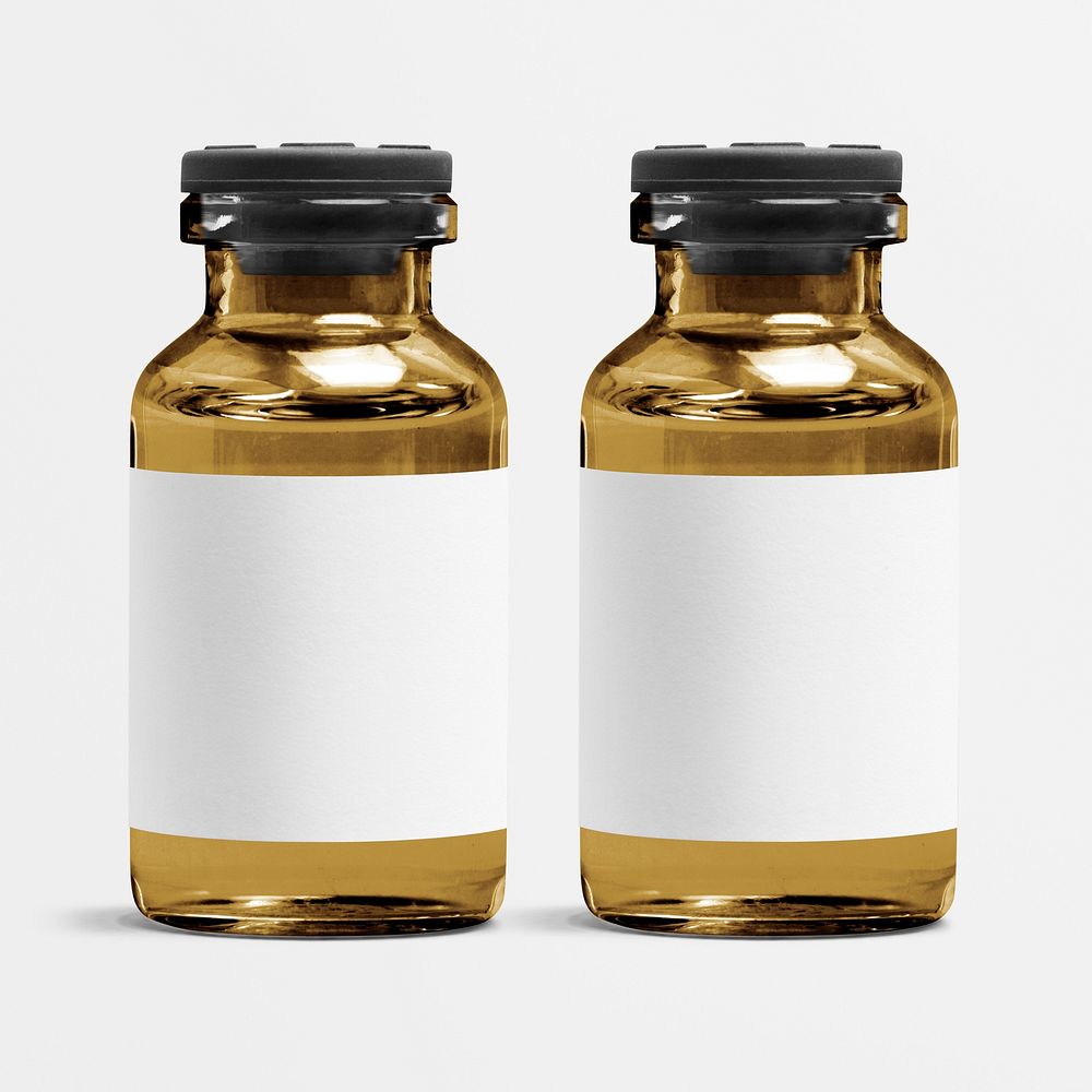 Blank white label on amber injection vial glass bottle 