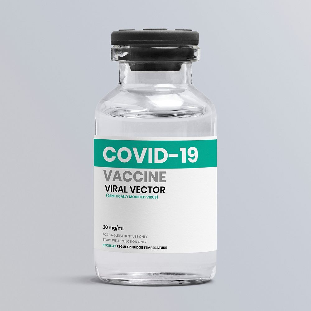 Injection bottle label mockup psd for COVID-19 viral vector vaccine