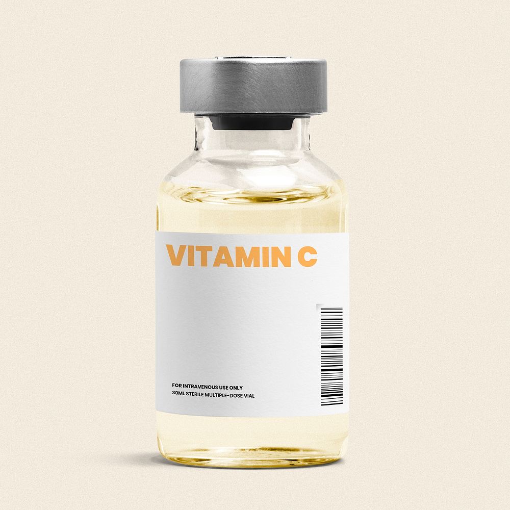 Vitamin C injection in a glass bottle vial with yellow liquid