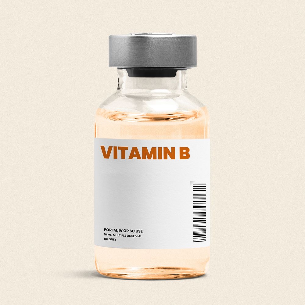 Vitamin B injection in a glass bottle with orange liquid