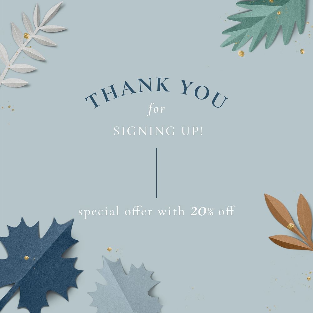 Paper craft leaf template vector in winter tone for social media ad