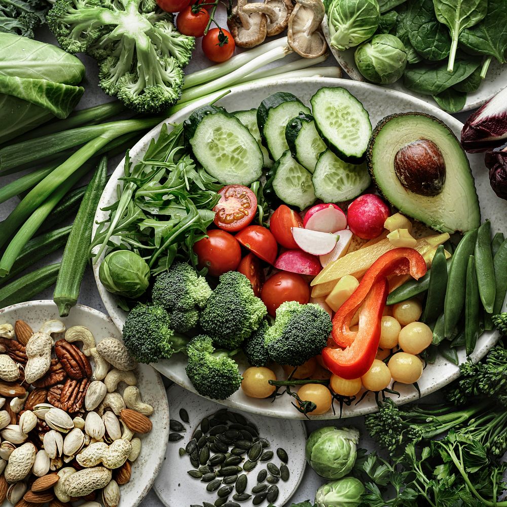 Raw veggies and nuts flat lay food photography