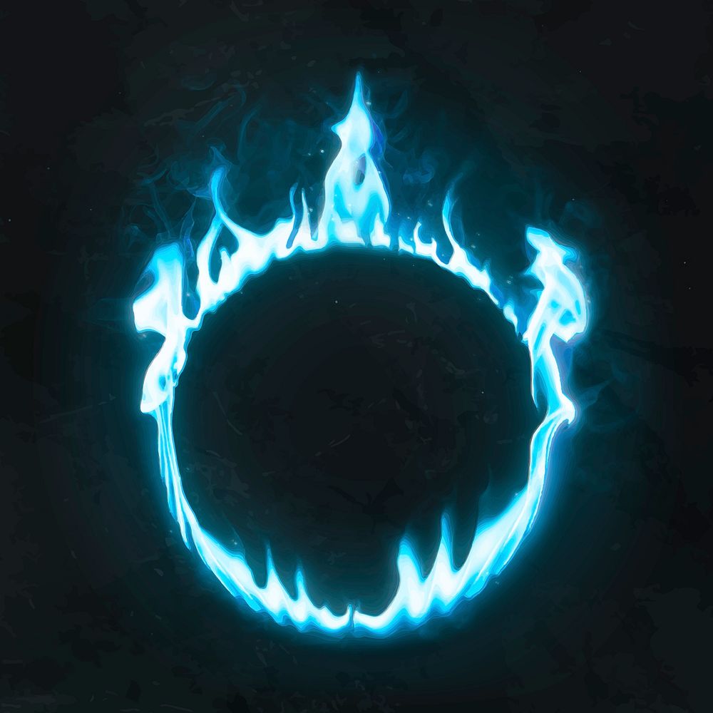 Flame frame, blue neon circle shape, realistic burning fire vector