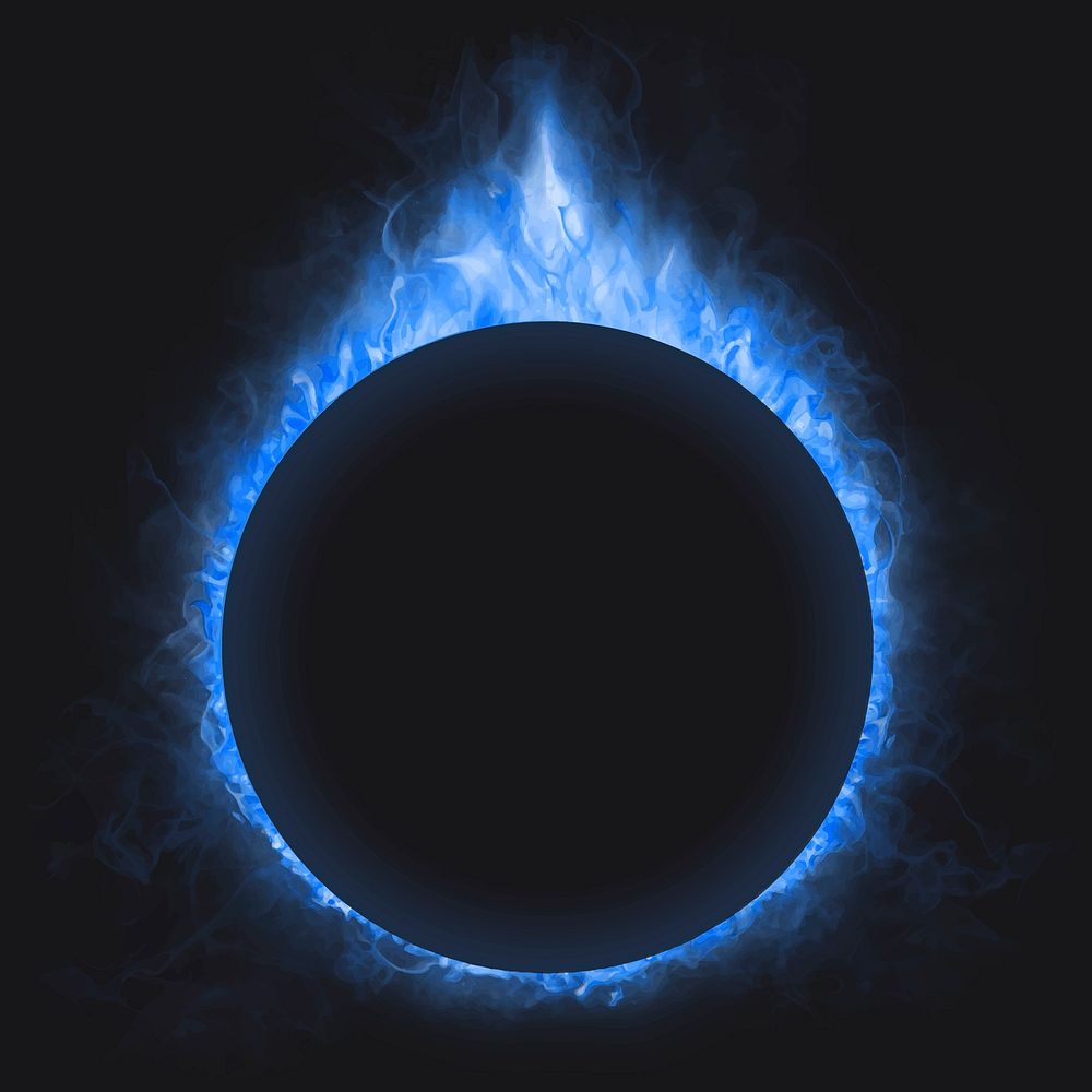 Flame frame, blue circle shape, realistic burning fire vector