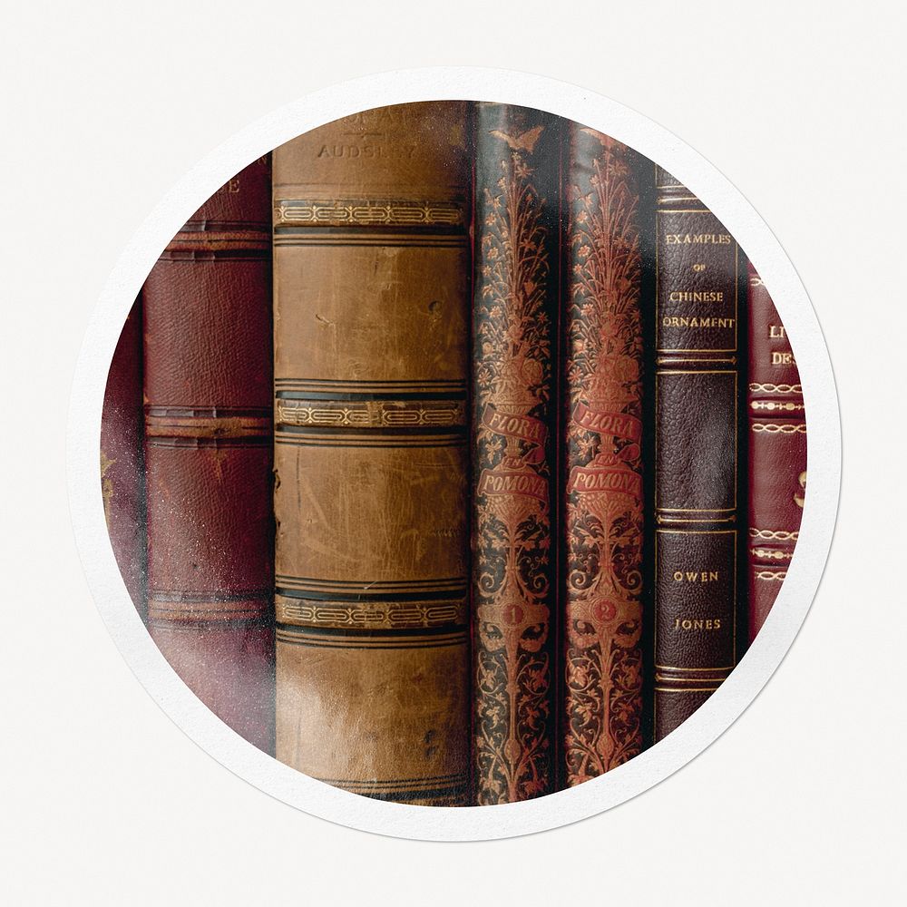 Leather book spines in circle frame, library image