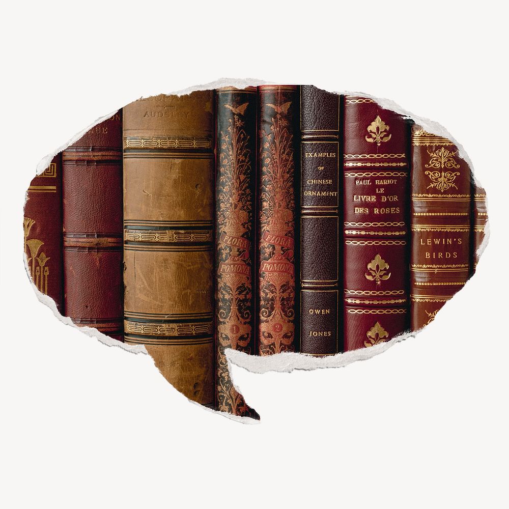 Leather book spines, ripped paper speech bubble, library image